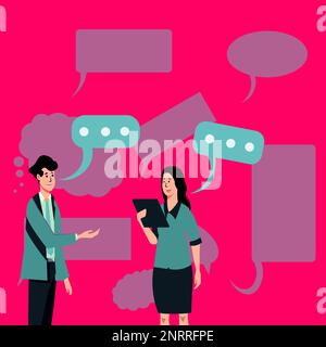 Homme et femme discutant des nouvelles actuelles. Deux bulles de dialogue blanches sur la tête. Illustration de couleur vive avec message principal. Personnes au bureau Illustration de Vecteur