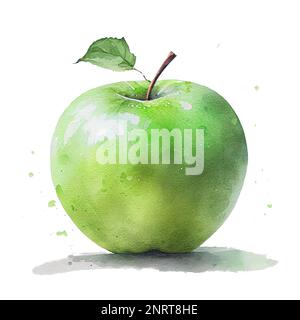 Belle pomme verte mûre isolée sur fond blanc. Illustration aquarelle Banque D'Images