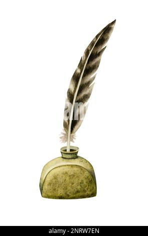 Plume de plumes marron d'aquarelle dans une bouteille d'encre. Vintage Vintage or inkpot du XIX siècle pour la poésie ou les conceptions d'aventures Banque D'Images