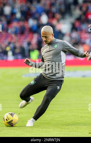 Daizen Maeda, joueur professionnel de football japonais, jouant actuellement pour le Celtic FC, Glasgow photographié lors d'une séance d'entraînement et d'échauffement à Hampden Banque D'Images