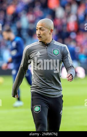 Daizen Maeda, joueur professionnel de football japonais, jouant actuellement pour le Celtic FC, Glasgow photographié lors d'une séance d'entraînement et d'échauffement à Hampden Banque D'Images