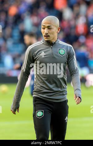 Daizen Maeda, joueur professionnel de football japonais, jouant actuellement pour le Celtic FC, Glasgow photographié lors d'une séance d'entraînement et d'échauffement à Hampden Banque D'Images