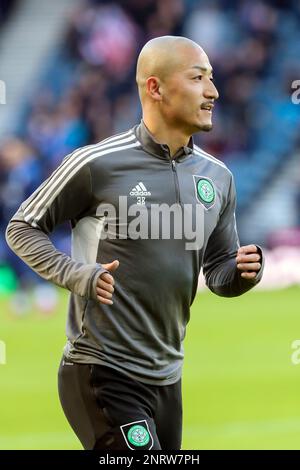 Daizen Maeda, joueur professionnel de football japonais, jouant actuellement pour le Celtic FC, Glasgow photographié lors d'une séance d'entraînement et d'échauffement à Hampden Banque D'Images