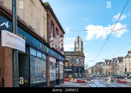 Extension de la ligne de tramway presque terminée au pied de l'arrêt de tramway Leith Walk, Édimbourg, Écosse, Royaume-Uni Banque D'Images