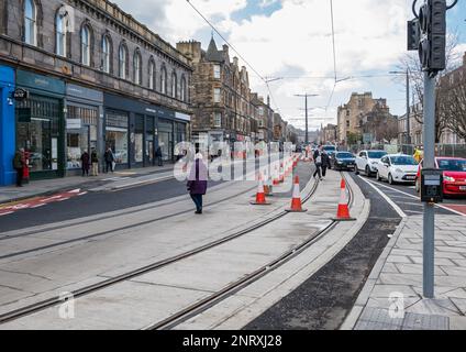 Extension de la ligne de tramway presque terminée au pied de Leith Walk, Édimbourg, Écosse, Royaume-Uni Banque D'Images