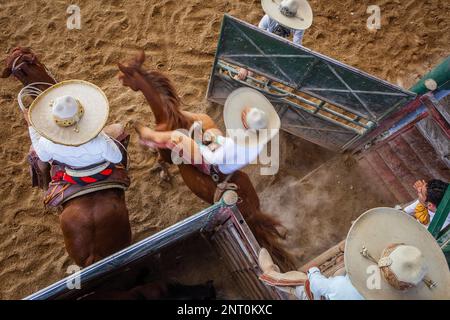 Une charreada rodéo mexicain au Lienzo Charro Zermeno, Guadalajara, Jalisco, Mexique Banque D'Images