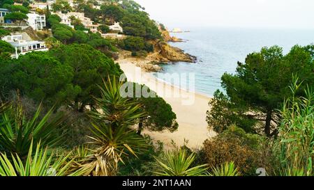 Panorama des rochers sur la côte de Lloret de Mar situé sur la magnifique Costa Brava sauvage au nord de Barcelone, Catalogne, Espagne. Beau brouillard frais hiver Banque D'Images