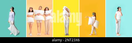 Collage de jeunes femmes et filles en pyjama, avec masques de sommeil et oreillers sur fond de couleur Banque D'Images