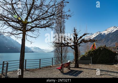 Brienz, Suisse, 10 février 2023 paysages alpins au beau lac de Brienz par une journée ensoleillée Banque D'Images