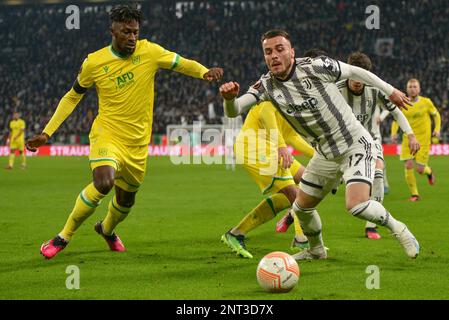 Au cours de l'UEFA Europa League, un match entre Juventus et le FC Nantes au stade Allianz de 16 février 2023 à Turin, je joue à la coupe du jeu Banque D'Images