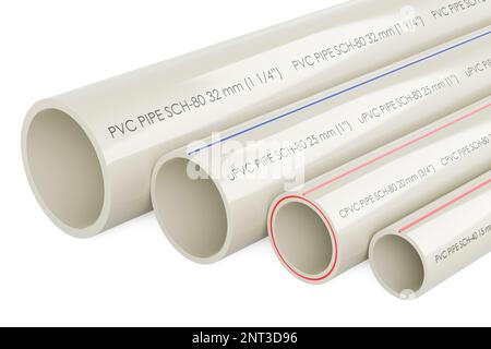 Tuyaux en PVC, tuyau composite, tuyau en uPVC, tuyau en CPVC, rendu 3D isolé sur fond blanc Banque D'Images