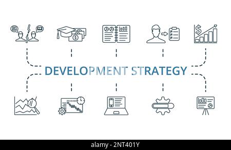 Ensemble d'icônes de stratégie de développement. Collection d'icônes de stratégie de développement simple monochrome. Conflit d'intérêts, subventions, Sommaire exécutif, mission Illustration de Vecteur