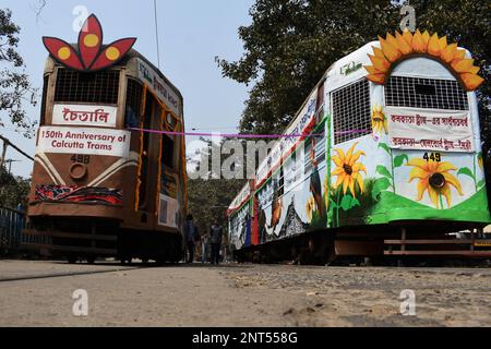 Kolkata, Inde. 24th févr. 2023. Sur 24 février 1873, le premier tramway australien tiré par des chevaux Weller a couru. Une réception a été organisée aujourd'hui au dépôt de tramway Esplanade pour célébrer le 150th anniversaire du trajet en tramway. Cependant, de nombreux itinéraires à Kolkata ont maintenant cessé de faire fonctionner des tramways. (Photo de Sayantan Chakraborty/Pacific Press/Sipa USA) crédit: SIPA USA/Alay Live News Banque D'Images