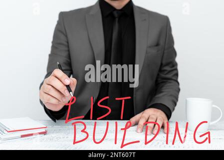 Affiche manuscrite pour le bâtiment de la liste. Mot pour la base de données des personnes que vous pouvez contacter avec votre message marketing Banque D'Images