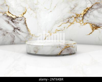Podium rond doré en marbre blanc pour la présentation des produits. 3D illustration du rendu Banque D'Images