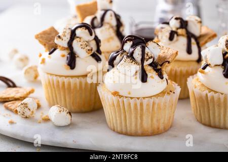 Smores cupcakes aux petits guimauves, biscuits graham à la chapelure et au sirop de chocolat Banque D'Images