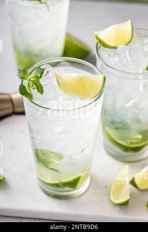 Cocktail classique de mojito dans de grands verres avec citron vert et menthe fraîche Banque D'Images
