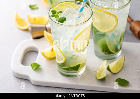 Cocktail de mojito citron et citron vert dans de grands verres avec citron vert et menthe fraîche Banque D'Images