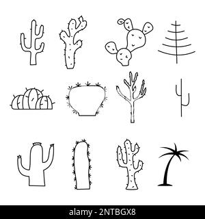 Collection d'icônes d'arbres et de cactus simple et minimaliste. Arbres de silhouette de dessin au trait. Jeu de symboles vectoriels Illustration de Vecteur