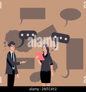 Homme et femme discutant des nouvelles actuelles. Deux bulles de dialogue blanches sur la tête. Illustration de couleur vive avec message principal. Personnes au bureau Illustration de Vecteur