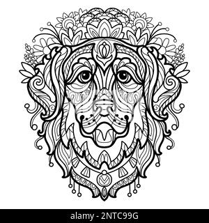 Chien abstrait avec ornements décoratifs et éléments de croque. Gros plan sur la tête de chien Golden Retriever. Illustration vectorielle.pour page de coloration antistress pour adulte Illustration de Vecteur