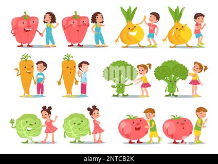 Enfants avec des légumes. Une alimentation saine. Nourriture naturelle. Enfants heureux ou tristes. Grands personnages de produits. Poivre et oignon. Carotte fraîche. Positif et Illustration de Vecteur