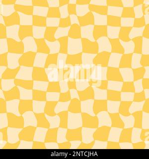 Groovy déformé positif Chessboard sans couture motif. Arrière-plan trippy Twisted Grid. Tissu jaune monochrome. 1970 vibe vintage. Illustration vectorielle Illustration de Vecteur