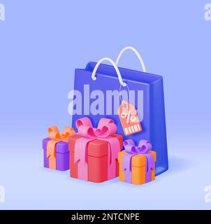 3D Sac de shopping avec étiquettes de prix boîtes cadeaux amd Illustration de Vecteur