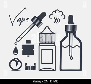 Liquide pour évaporateurs dans un flacon, gouttes liquides, coton et autres accessoires. Icônes de la boutique VAPE. Isolé sur fond blanc. Vecteur. Illustration de Vecteur