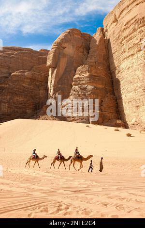 Dromadaires, touristes (Camelus dromadarius), balade à dos de chameau, Wadi Rum, Jordanie Banque D'Images