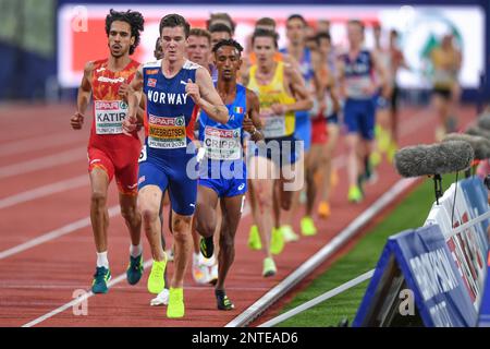 Jakob Ingebrigtsen (Norvège, Or), Mohamed Katir (Espagne, argent), Yemaneberhan Crippa (Italie, Bronze). 5000m. Championnats d'Europe Munich 2022 Banque D'Images