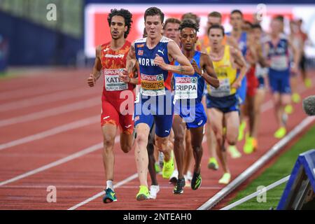 Jakob Ingebrigtsen (Norvège, Or), Mohamed Katir (Espagne, argent), Yemaneberhan Crippa (Italie, Bronze). 5000m. Championnats d'Europe Munich 2022 Banque D'Images