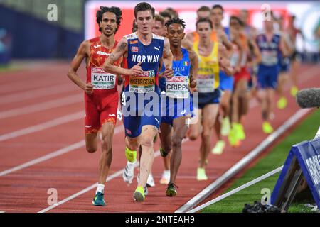 Jakob Ingebrigtsen (Norvège, Or), Mohamed Katir (Espagne, argent), Yemaneberhan Crippa (Italie, Bronze). 5000m. Championnats d'Europe Munich 2022 Banque D'Images