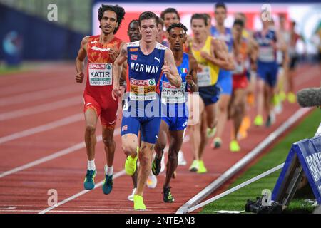 Jakob Ingebrigtsen (Norvège, Or), Mohamed Katir (Espagne, argent), Yemaneberhan Crippa (Italie, Bronze). 5000m. Championnats d'Europe Munich 2022 Banque D'Images