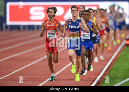 Jakob Ingebrigtsen (Norvège, Or), Mohamed Katir (Espagne, argent), Yemaneberhan Crippa (Italie, Bronze). 5000m. Championnats d'Europe Munich 2022 Banque D'Images