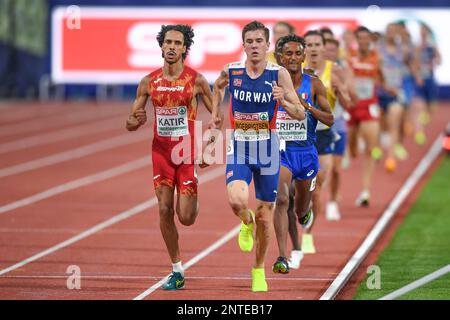 Jakob Ingebrigtsen (Norvège, Or), Mohamed Katir (Espagne, argent), Yemaneberhan Crippa (Italie, Bronze). 5000m. Championnats d'Europe Munich 2022 Banque D'Images