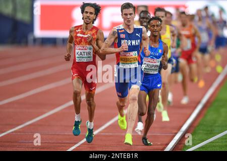 Jakob Ingebrigtsen (Norvège, Or), Mohamed Katir (Espagne, argent), Yemaneberhan Crippa (Italie, Bronze). 5000m. Championnats d'Europe Munich 2022 Banque D'Images