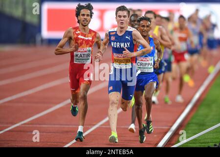 Jakob Ingebrigtsen (Norvège, Or), Mohamed Katir (Espagne, argent), Yemaneberhan Crippa (Italie, Bronze). 5000m. Championnats d'Europe Munich 2022 Banque D'Images