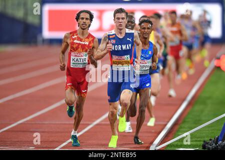 Jakob Ingebrigtsen (Norvège, Or), Mohamed Katir (Espagne, argent), Yemaneberhan Crippa (Italie, Bronze). 5000m. Championnats d'Europe Munich 2022 Banque D'Images