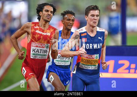 Jakob Ingebrigtsen (Norvège, Or), Mohamed Katir (Espagne, argent), Yemaneberhan Crippa (Italie, Bronze). 5000m. Championnats d'Europe Munich 2022 Banque D'Images