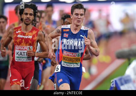 Jakob Ingebrigtsen (Norvège, Médaille d'or), Mohamed Katir (Espagne, Médaille d'argent). 5000m. Championnats d'Europe Munich 2022 Banque D'Images