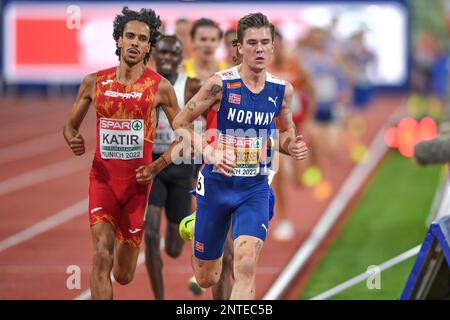 Jakob Ingebrigtsen (Norvège, Médaille d'or), Mohamed Katir (Espagne, Médaille d'argent). 5000m. Championnats d'Europe Munich 2022 Banque D'Images