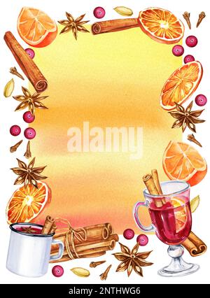 Bordure aquarelle avec vin chaud, verre et ingrédients, croquis dessiné à la main, illustration de la boisson. Tasse blanche, épices, cannelle, orange, clou de girofle, c'est tout Banque D'Images