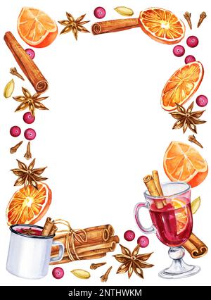 Bordure aquarelle avec vin chaud, verre et ingrédients, croquis dessiné à la main, illustration de la boisson. Tasse blanche, épices, cannelle, orange, clou de girofle, blanc Banque D'Images