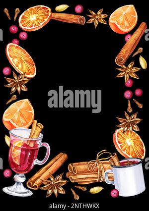 Bordure aquarelle avec vin chaud, verre et ingrédients, croquis dessiné à la main, illustration de la boisson. Tasse blanche, épices, cannelle, orange, clou de girofle, blac Banque D'Images