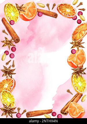 Bordure aquarelle avec vin chaud, verre et ingrédients, croquis dessiné à la main, illustration de la boisson. Tasse blanche, épices, cannelle, orange, clou de girofle, eau Banque D'Images