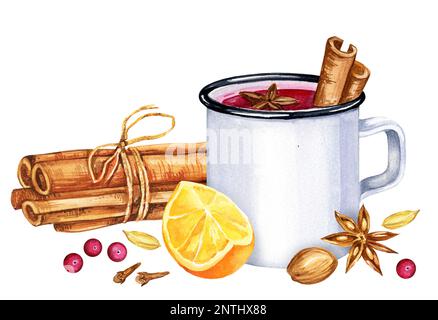 Composition aquarelle avec vin chaud, tasse blanche et ingrédients, croquis dessiné à la main, illustration de la boisson. Épices, cannelle, orange, clou de girofle, isolat Banque D'Images