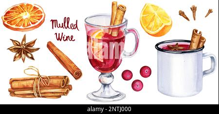 Set aquarelle avec un verre de vin chaud et des ingrédients, dessin dessiné à la main, illustration de la boisson. Vin, épices, cannelle, orange, baies rouges Banque D'Images