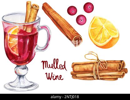 Set aquarelle avec un verre de vin chaud et des ingrédients, dessin dessiné à la main, illustration de la boisson. Vin, épices, cannelle, orange, baies rouges Banque D'Images