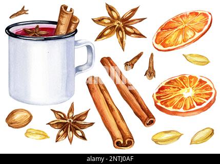 Set de vin chaud avec un verre et des ingrédients, aquarelle dessin à la main, illustration de la boisson. Tasse blanche, épices, cannelle, orange, clou de girofle Banque D'Images